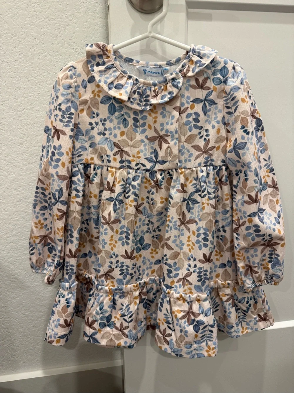 Mayoral Floral Ruffle-Collar Long Sleeve Top - Blue, Brown & Yellow